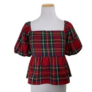 Francesca’s Plaid Peplum Smocked Puff Sleeve Top Sz S Red Holiday Short Sleeve